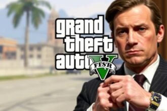 A screenshot of the Grand Theft Auto 6 gameplay with a blurred background, and a lawyer or a judge in the foreground, symbolizing the legal action and controversy surrounding the game's development.