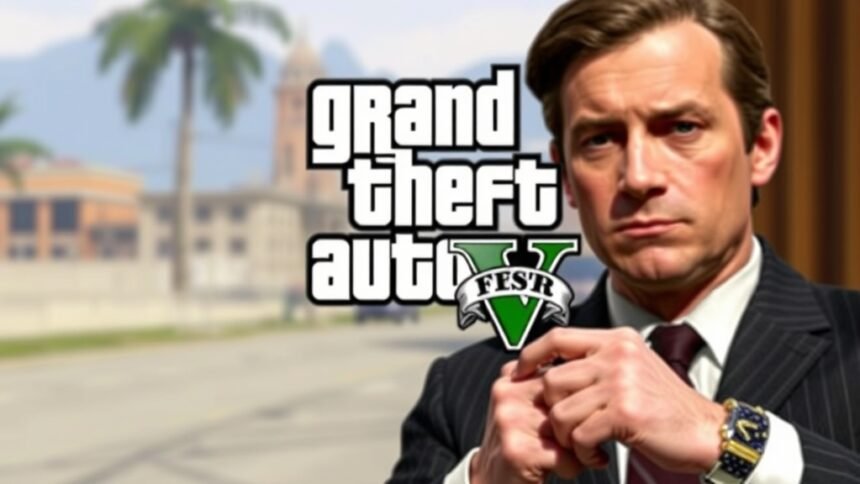 A screenshot of the Grand Theft Auto 6 gameplay with a blurred background, and a lawyer or a judge in the foreground, symbolizing the legal action and controversy surrounding the game's development.
