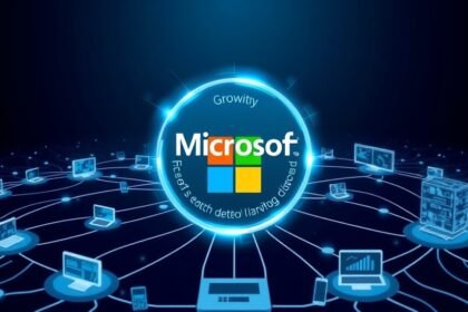 A professional illustration of a growing ecosystem with Microsoft logo at the center, surrounded by interconnected networks and devices, representing the company's growth and expansion.