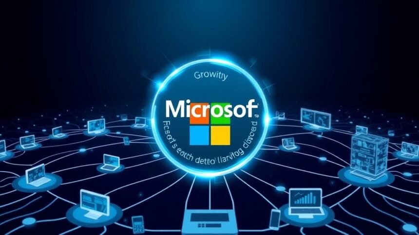 A professional illustration of a growing ecosystem with Microsoft logo at the center, surrounded by interconnected networks and devices, representing the company's growth and expansion.