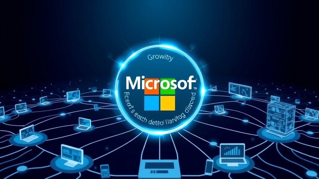 A professional illustration of a growing ecosystem with Microsoft logo at the center, surrounded by interconnected networks and devices, representing the company's growth and expansion.