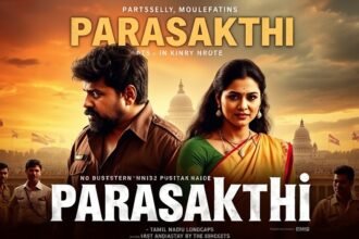 A poster of the movie Parasakthi with a backdrop of Tamil Nadu's political landscape, highlighting the film's controversy and impact on the state's culture