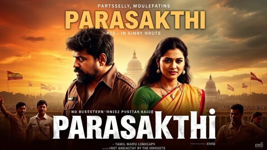 A poster of the movie Parasakthi with a backdrop of Tamil Nadu's political landscape, highlighting the film's controversy and impact on the state's culture