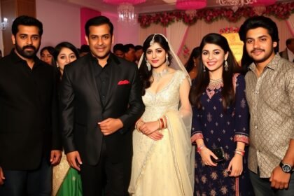 A photo of Nupur Sanon and Stebin Ben's wedding reception with Bollywood celebrities like Salman Khan, Kriti Sanon, and Ranbir Kapoor in attendance.