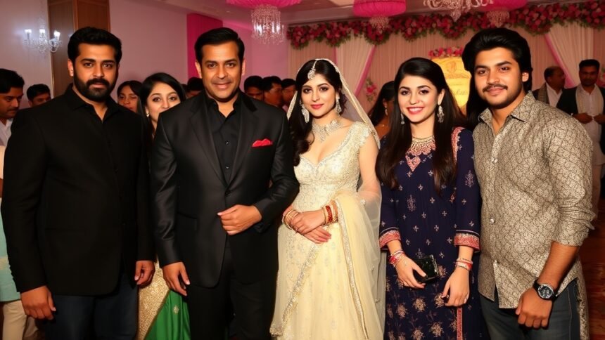 A photo of Nupur Sanon and Stebin Ben's wedding reception with Bollywood celebrities like Salman Khan, Kriti Sanon, and Ranbir Kapoor in attendance.