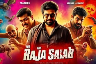 A movie poster of Prabhas' film The Raja Saab with a mix of fantasy, horror, and comedy elements, set against a vibrant and colorful background.