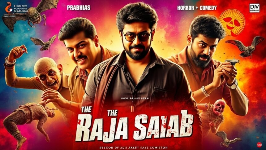 A movie poster of Prabhas' film The Raja Saab with a mix of fantasy, horror, and comedy elements, set against a vibrant and colorful background.