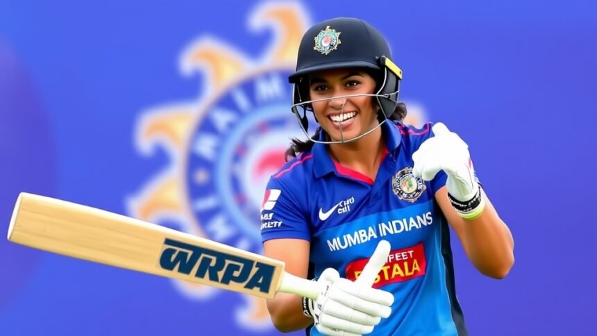 A photo of Harmanpreet Kaur batting in a WPL match with a big smile on her face and the Mumbai Indians logo in the background