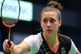 A photo of Mia Blichfeldt playing badminton at the India Open, with a concerned expression on her face, highlighting the controversy surrounding the tournament's conditions