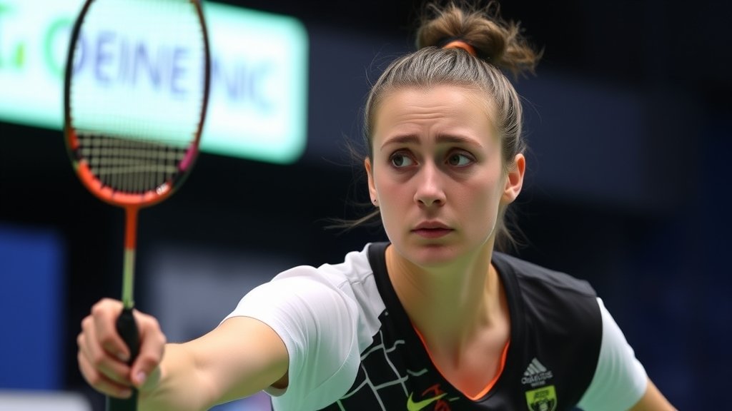A photo of Mia Blichfeldt playing badminton at the India Open, with a concerned expression on her face, highlighting the controversy surrounding the tournament's conditions
