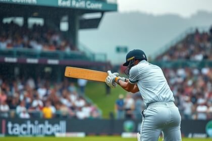 A photo of a cricket player hitting a six in a rain-affected match with a blurred background of a crowded stadium