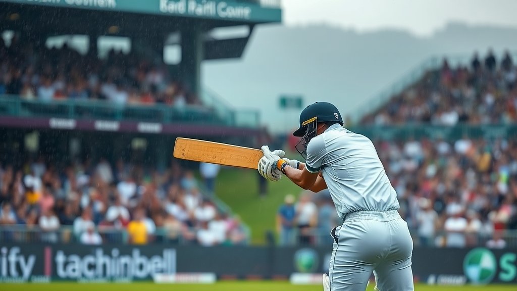 A photo of a cricket player hitting a six in a rain-affected match with a blurred background of a crowded stadium