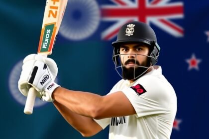 An image of Virat Kohli batting in a cricket match with a determined expression, with a subtle background of the Indian flag and the New Zealand flag.