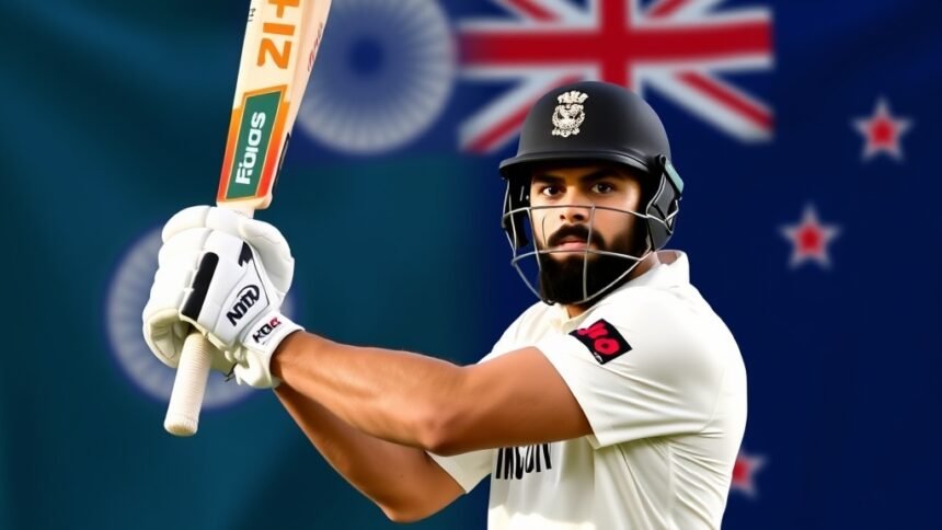 An image of Virat Kohli batting in a cricket match with a determined expression, with a subtle background of the Indian flag and the New Zealand flag.