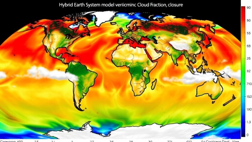 A detailed illustration of a hybrid earth system model with machine learning cloud fraction closure, showcasing the interaction between atmospheric, terrestrial, and oceanic components.