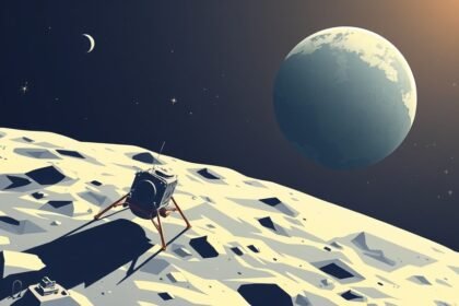 An illustration of a spacecraft landing on the Moon, with the Earth visible in the background, highlighting the significance of space exploration in 2026.