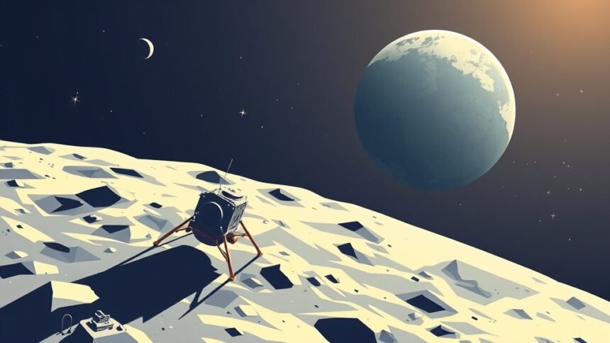 An illustration of a spacecraft landing on the Moon, with the Earth visible in the background, highlighting the significance of space exploration in 2026.