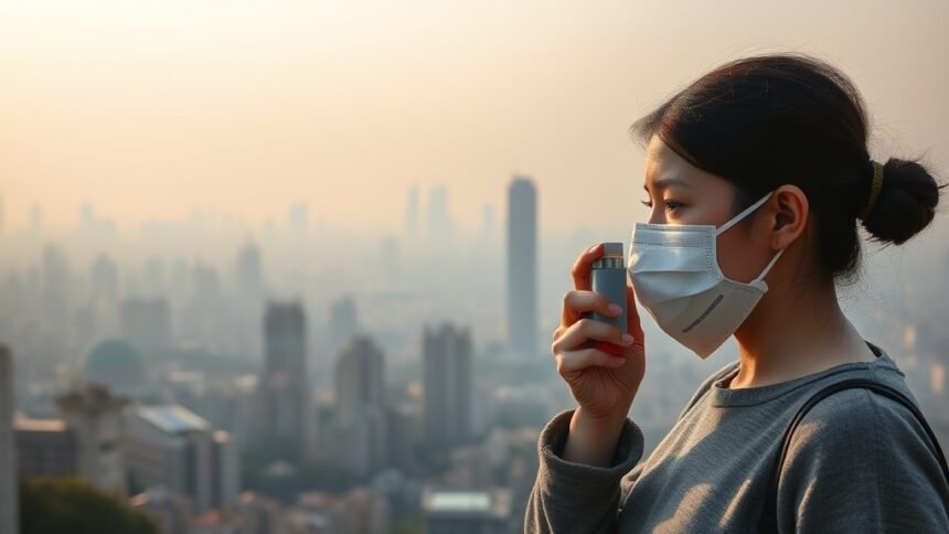 an image of a cityscape with a haze of air pollution in the background, with a person in the foreground holding a inhaler or wearing a mask, symbolizing the impact of air pollution on human health