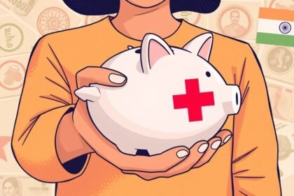 An illustration of a person holding a piggy bank with a red cross on it, surrounded by medical symbols and a subtle background of Indian currency notes, conveying the financial burden of diabetes on individuals and the nation.