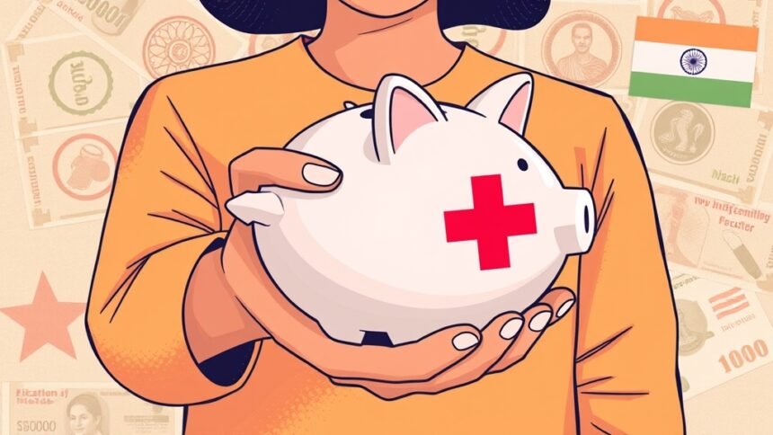 An illustration of a person holding a piggy bank with a red cross on it, surrounded by medical symbols and a subtle background of Indian currency notes, conveying the financial burden of diabetes on individuals and the nation.