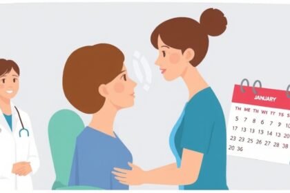 A illustration of a woman getting a cervical cancer screening with a healthcare provider in the background, with a subtle background image of a calendar marking January as Cervical Health Awareness Month.