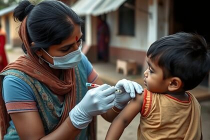 A photo of a healthcare worker administering polio vaccine to a child in a rural area of India, with a subtle background of a village or a community health center.