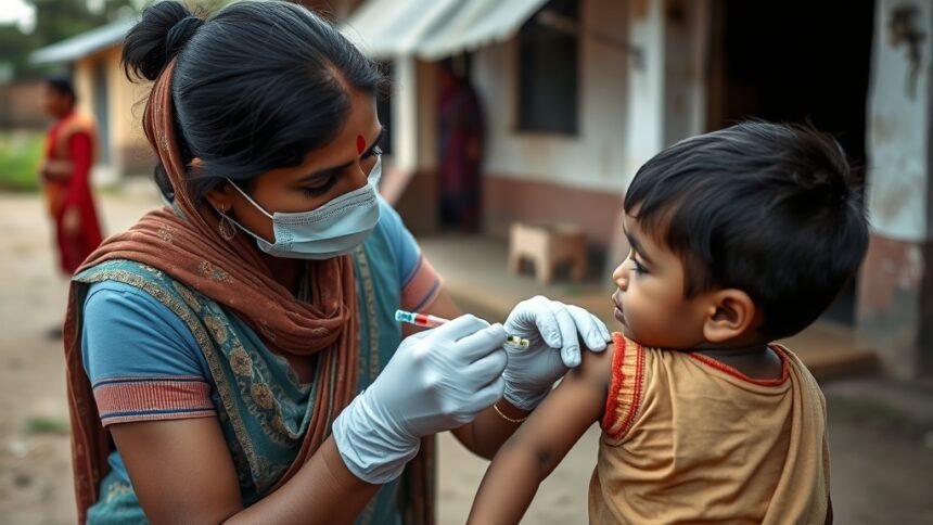 A photo of a healthcare worker administering polio vaccine to a child in a rural area of India, with a subtle background of a village or a community health center.