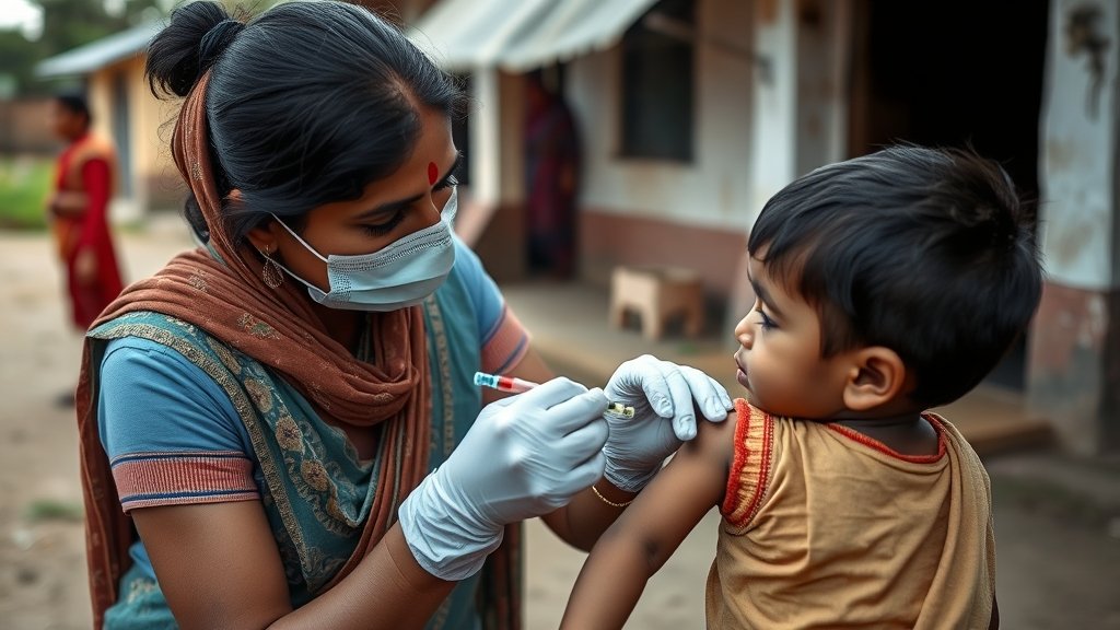 A photo of a healthcare worker administering polio vaccine to a child in a rural area of India, with a subtle background of a village or a community health center.