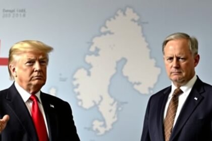A picture of Donald Trump and the Prime Minister of Denmark standing in front of a map of Greenland, with a subtle hint of tension and disagreement between them