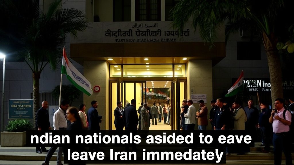 A photo of the Indian embassy in Iran with a crowd of people waiting outside, and a hint of protest in the background, with a caption "Indian nationals advised to leave Iran immediately"
