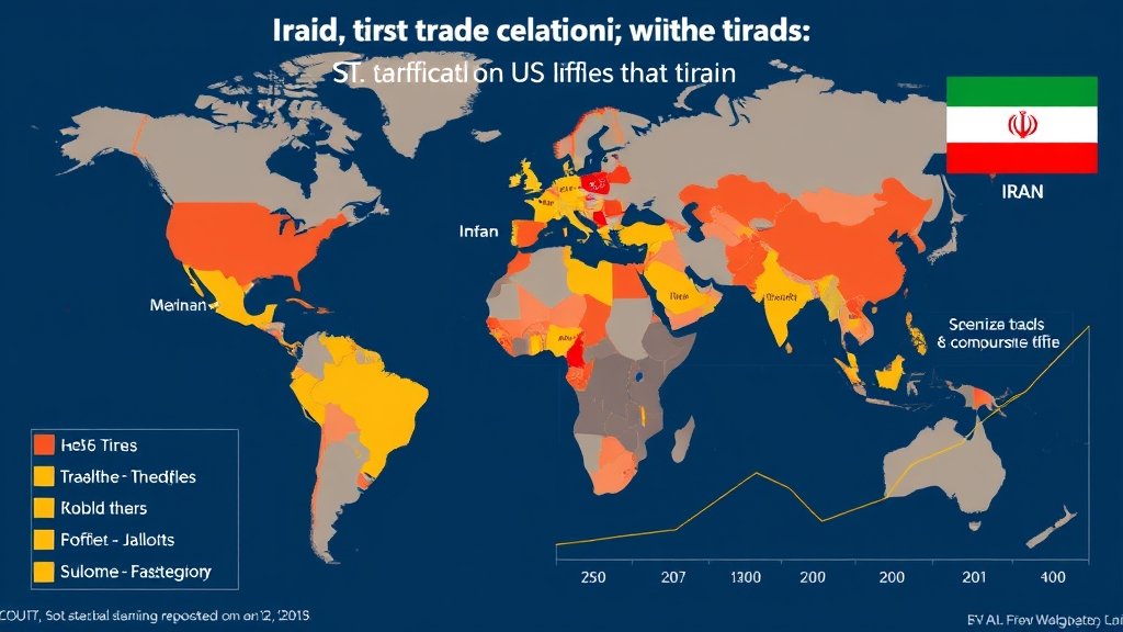 A map of the world with countries highlighted that have significant trade relationships with Iran, and a graph showing the potential impact of US tariffs on these trade flows.