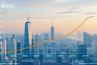 A graph showing the quarterly revenue growth of Infosys, with a background image of a cityscape representing the company's global presence
