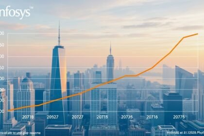 A graph showing the quarterly revenue growth of Infosys, with a background image of a cityscape representing the company's global presence