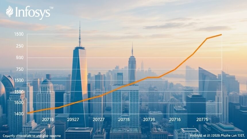A graph showing the quarterly revenue growth of Infosys, with a background image of a cityscape representing the company's global presence