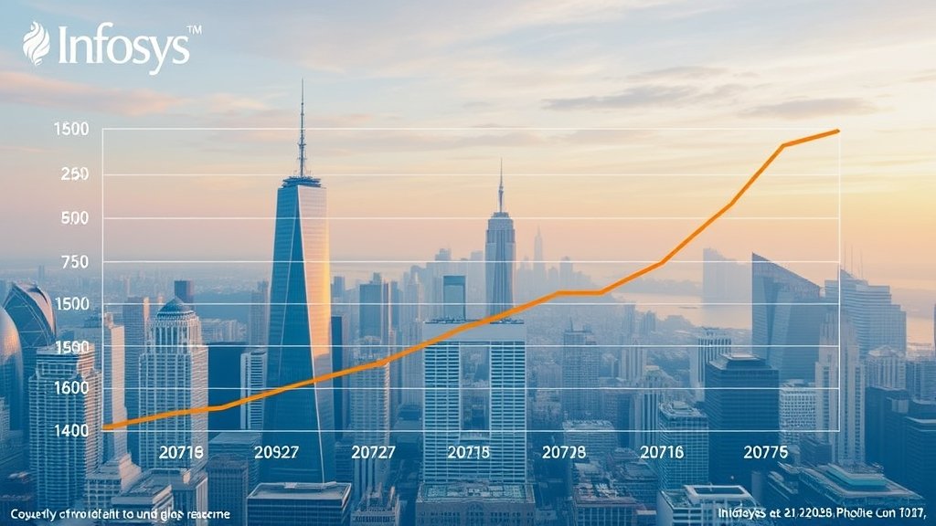 A graph showing the quarterly revenue growth of Infosys, with a background image of a cityscape representing the company's global presence