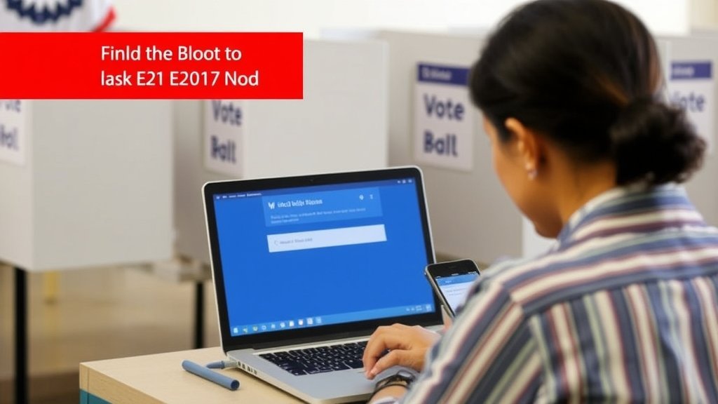 A photo of a person voting in a polling booth with a laptop or mobile phone in the background, showing the online process of finding a polling booth using the EPIC number.