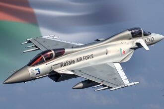 A detailed image of a Rafale jet in flight with the Indian Air Force insignia, with a subtle background of the Indian and French flags, symbolizing the partnership between the two nations.