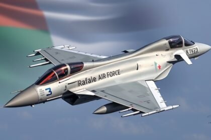 A detailed image of a Rafale jet in flight with the Indian Air Force insignia, with a subtle background of the Indian and French flags, symbolizing the partnership between the two nations.