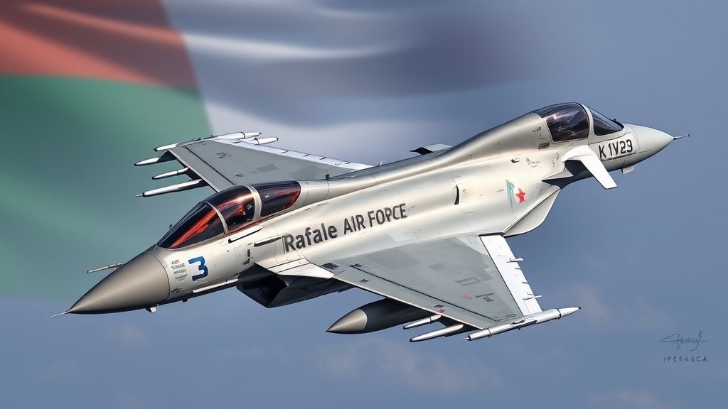 A detailed image of a Rafale jet in flight with the Indian Air Force insignia, with a subtle background of the Indian and French flags, symbolizing the partnership between the two nations.