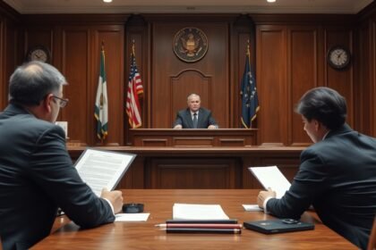 A courtroom with a judge and lawyers discussing a case related to transfer of property and execution of decree
