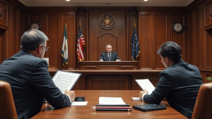 A courtroom with a judge and lawyers discussing a case related to transfer of property and execution of decree