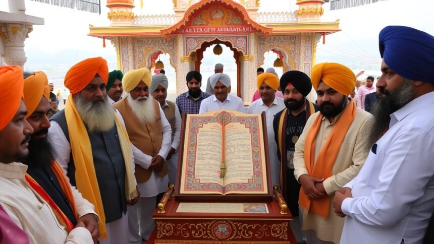 A photo of a Gurudwara with a copy of the Guru Granth Sahib in the center, surrounded by Sikh community members and politicians, with a subtle background of Punjab's landscape.