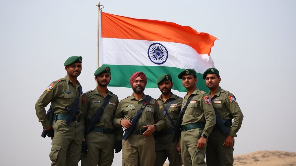 A photograph of Indian soldiers standing together, with the Indian flag in the background, symbolizing unity and national pride.