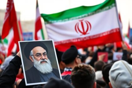 a photo of a protest in Iran with a backdrop of the Iranian flag and a picture of Ayatollah Khamenei in the foreground