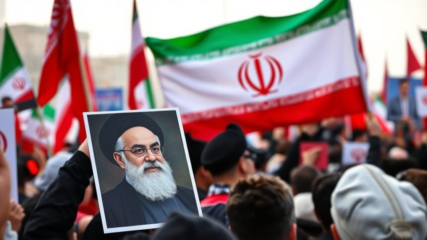 a photo of a protest in Iran with a backdrop of the Iranian flag and a picture of Ayatollah Khamenei in the foreground