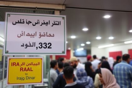 A photo of a currency exchange office in Iraq with a sign showing the exchange rate of Iranian rial to Iraqi dinar, with a crowd of people waiting in the background.