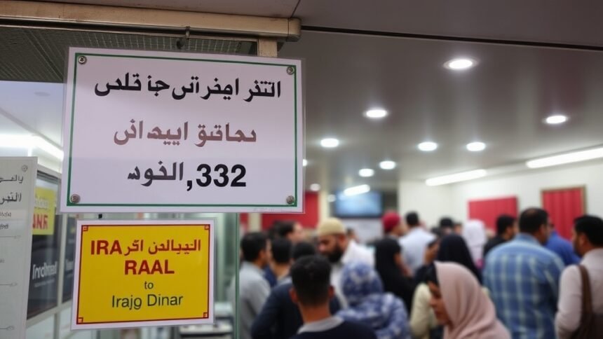 A photo of a currency exchange office in Iraq with a sign showing the exchange rate of Iranian rial to Iraqi dinar, with a crowd of people waiting in the background.