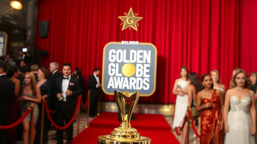 A photo of the Golden Globes trophy with a red carpet backdrop and Hollywood stars in attendance