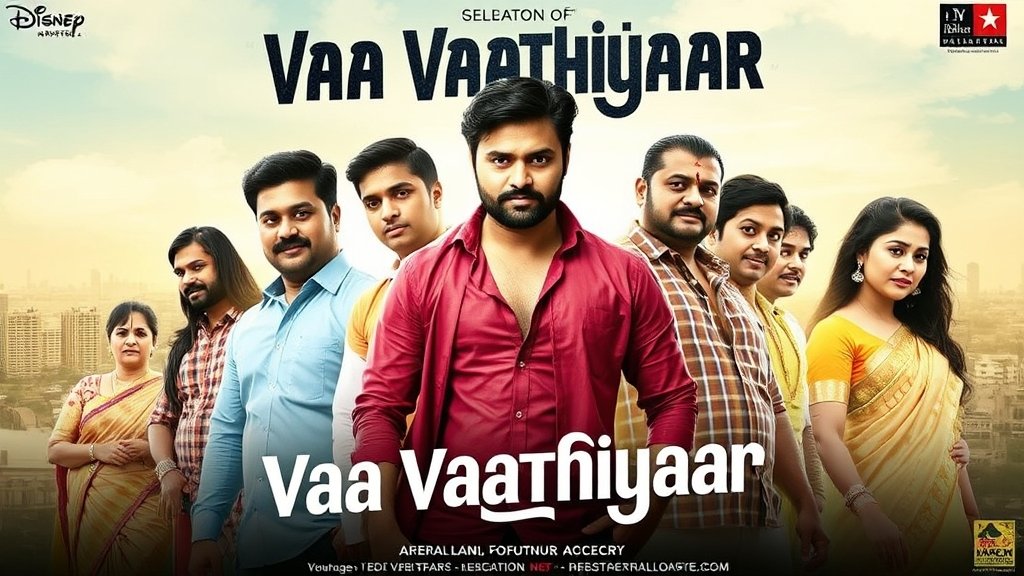 A poster of the Tamil movie Vaa Vaathiyaar with the lead actor Karthi in the center, surrounded by other characters from the film, with a cityscape in the background.