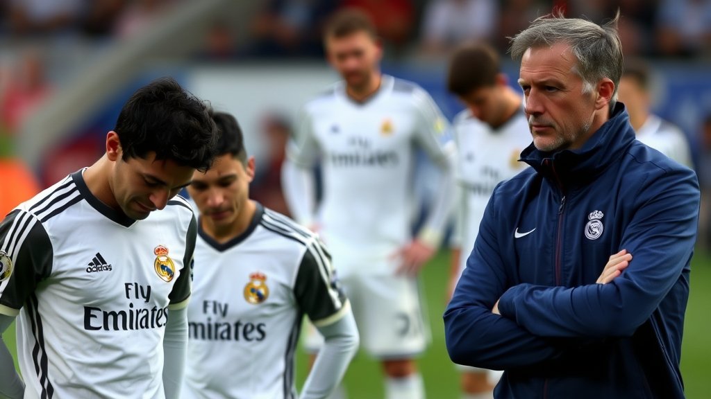 A photo of Real Madrid players looking disappointed after losing a match, with a focus on the coach and the team's captain.